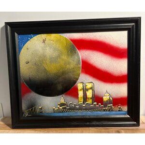 Framed Spray Paint Artwork Of Twin Towers & American Flag
